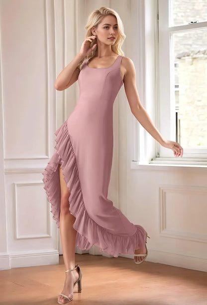 Elegant Square Neck Asymmetric Ruffle High-Slit Chiffon Maxi Evening Dress with Crisscross Back