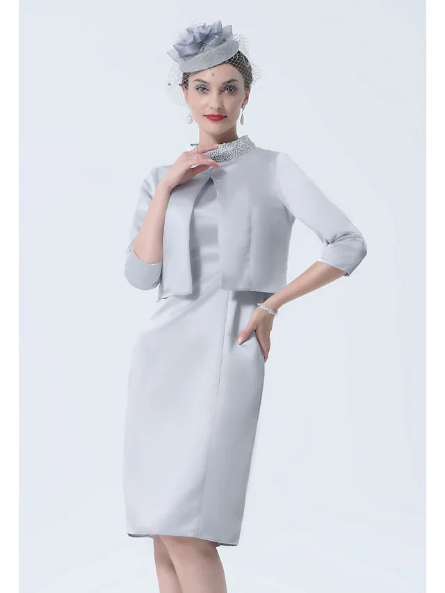 Mother of the Bride Dress Plus Size Elegant Vintage High Neck Knee Length Satin 3/4 Length Sleeve with Crystals Appliques