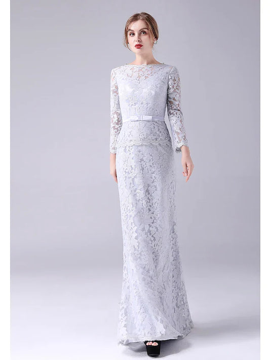 Mother of the Bride Dress Elegant Sweet Jewel Neck Floor Length Lace Long Sleeve with Sash Ribbon Bow(s)