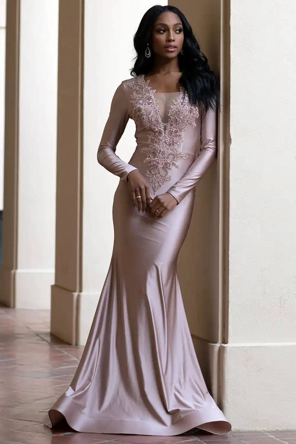 Illusion V-Neck Embroidered Lace Mermaid Long Prom Dress