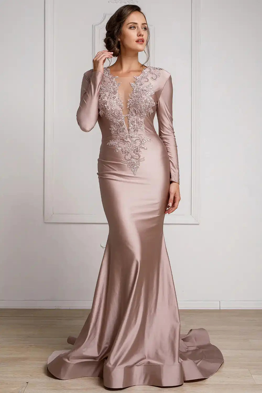 Illusion V-Neck Embroidered Lace Mermaid Long Prom Dress