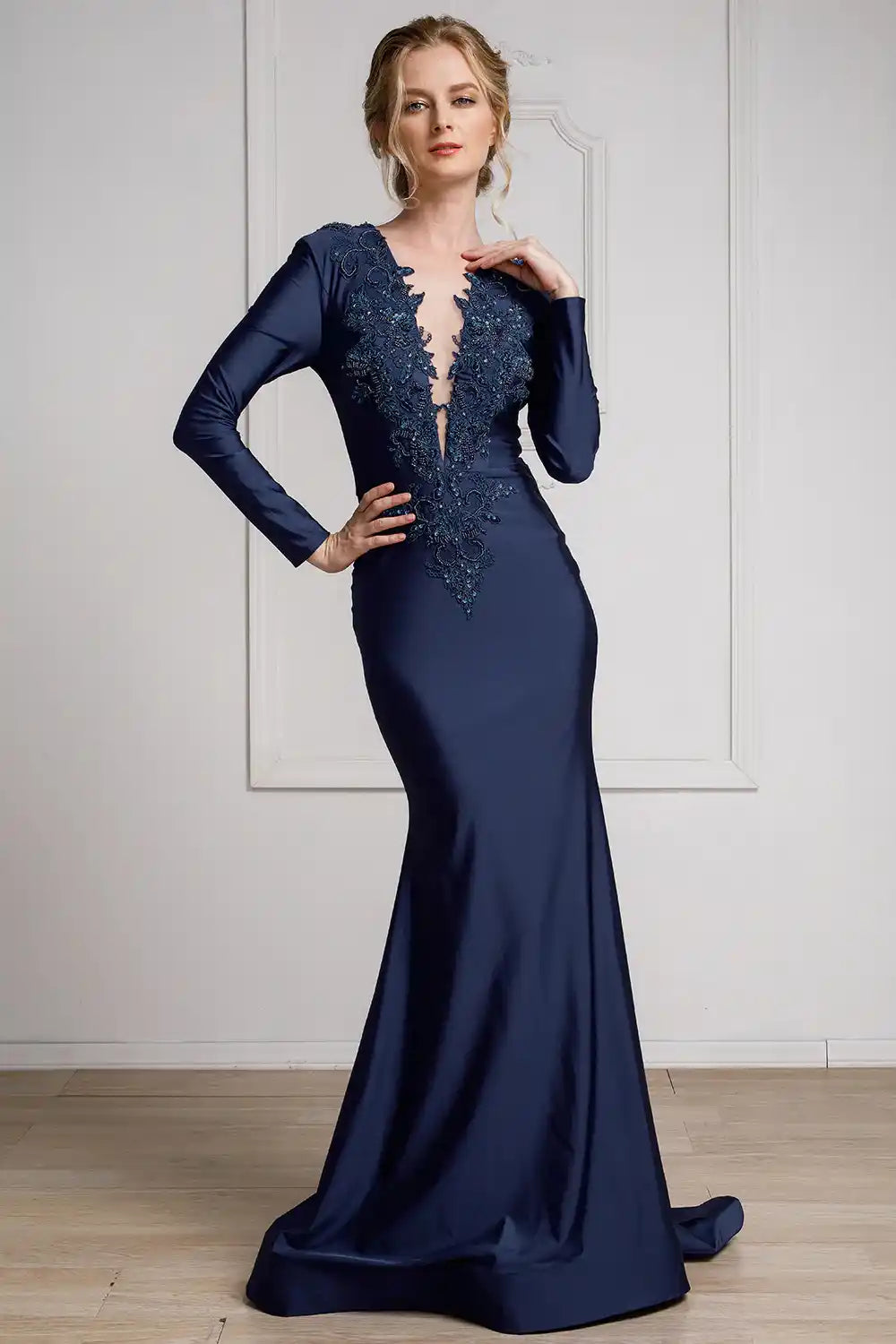 Illusion V-Neck Embroidered Lace Mermaid Long Prom Dress