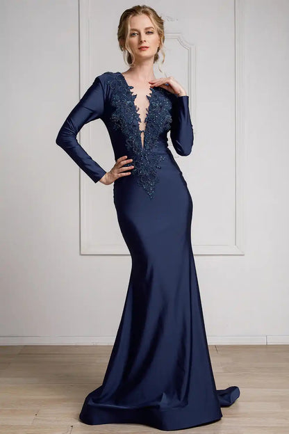Illusion V-Neck Embroidered Lace Mermaid Long Prom Dress
