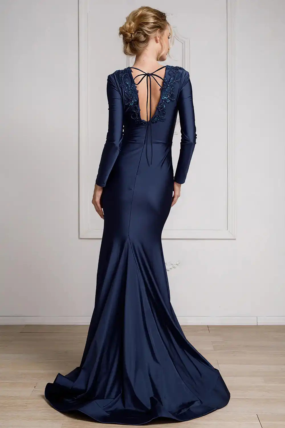 Illusion V-Neck Embroidered Lace Mermaid Long Prom Dress