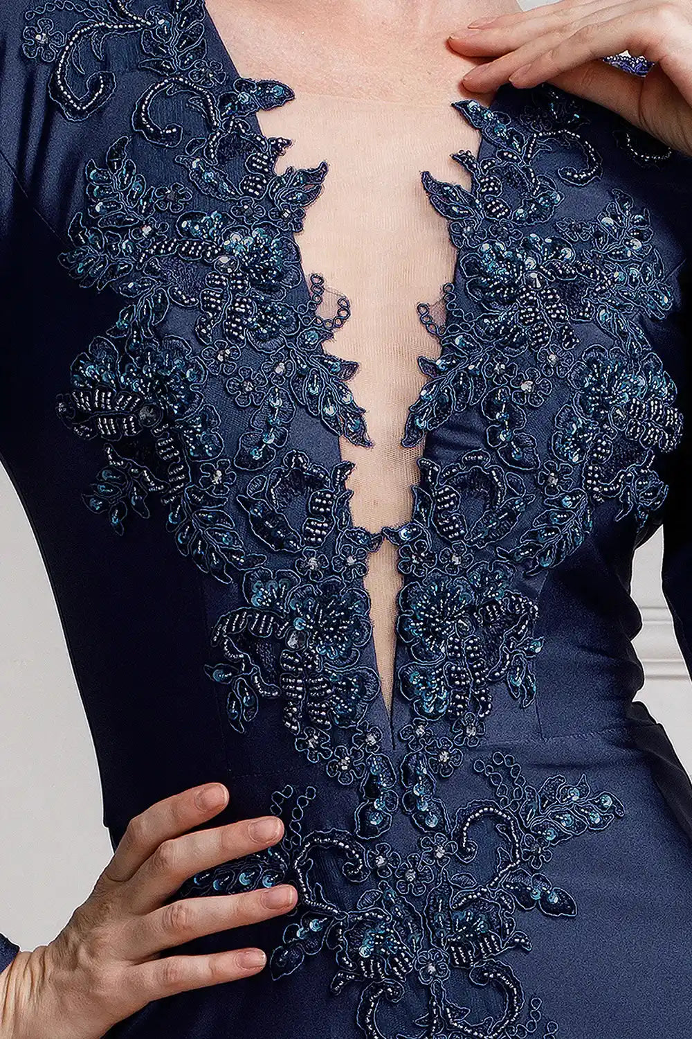 Illusion V-Neck Embroidered Lace Mermaid Long Prom Dress