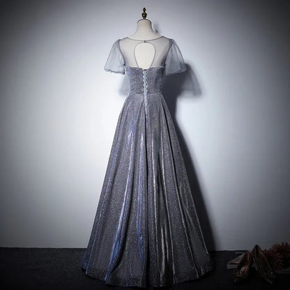 Iridescent Glitter Long Evening Dress Silver-Purple V-Neck Sheer-Sleeve Party Gown for Women