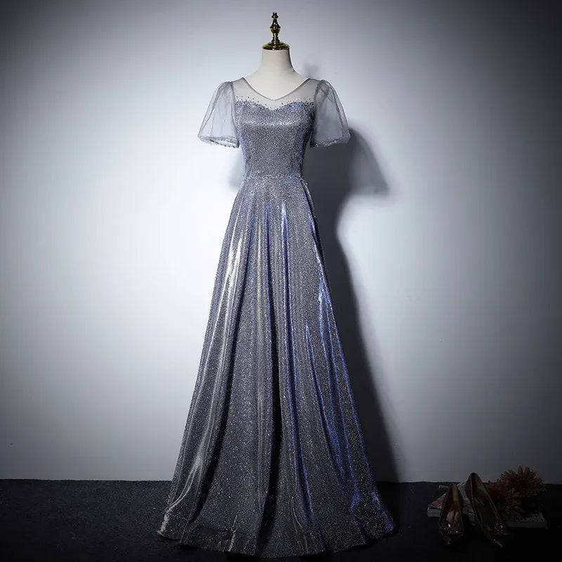 Iridescent Glitter Long Evening Dress Silver-Purple V-Neck Sheer-Sleeve Party Gown for Women