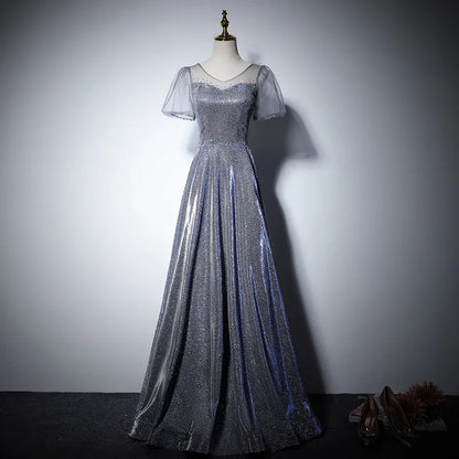Iridescent Glitter Long Evening Dress Silver-Purple V-Neck Sheer-Sleeve Party Gown for Women