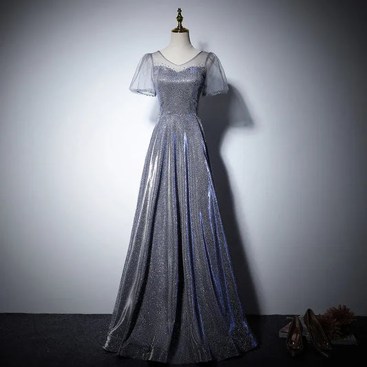 Iridescent Glitter Long Evening Dress Silver-Purple V-Neck Sheer-Sleeve Party Gown for Women