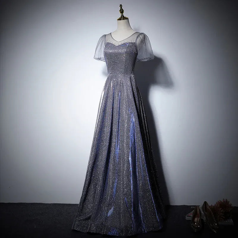 Iridescent Glitter Long Evening Dress Silver-Purple V-Neck Sheer-Sleeve Party Gown for Women
