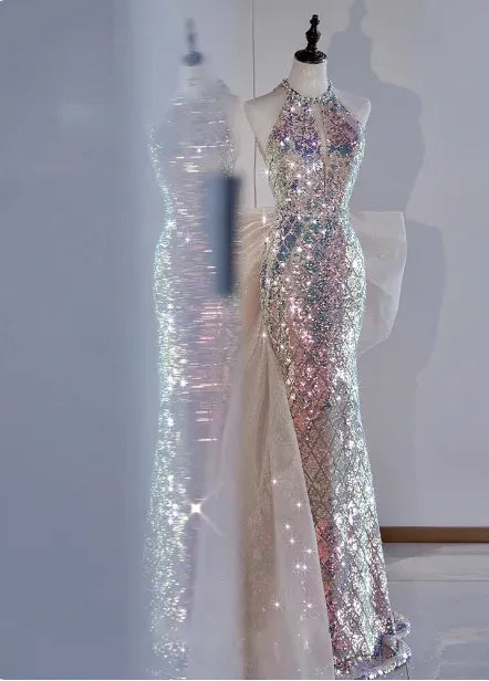 Iridescent Mermaid Halter Neck Sleeveless Bow-embellished Sequin Ivory Maxi Prom Dress for Women Custom