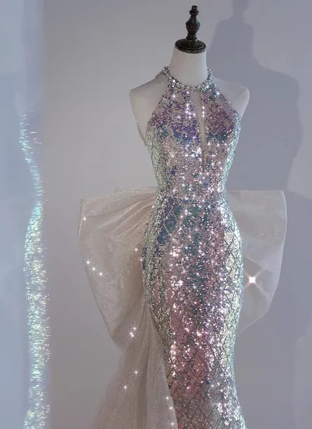 Iridescent Mermaid Halter Neck Sleeveless Bow-embellished Sequin Ivory Maxi Prom Dress for Women Custom