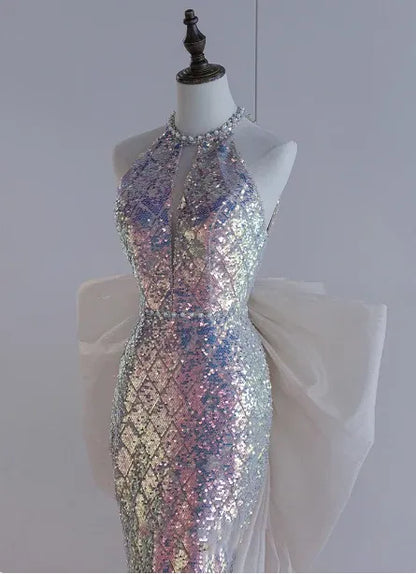 Iridescent Mermaid Halter Neck Sleeveless Bow-embellished Sequin Ivory Maxi Prom Dress for Women Custom