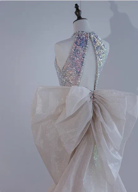 Iridescent Mermaid Halter Neck Sleeveless Bow-embellished Sequin Ivory Maxi Prom Dress for Women Custom