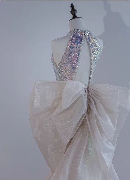 Iridescent Mermaid Halter Neck Sleeveless Bow-embellished Sequin Ivory Maxi Prom Dress for Women Custom