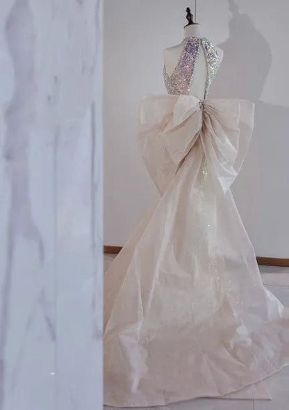 Iridescent Mermaid Halter Neck Sleeveless Bow-embellished Sequin Ivory Maxi Prom Dress for Women Custom