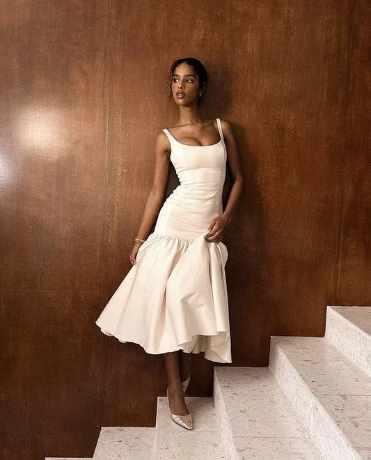 Ivory Square Neck Wide Strap Ruffle Hem Midi Formal Cocktail Dress