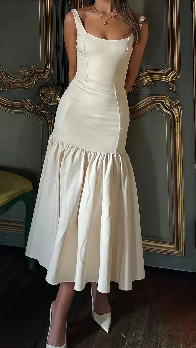 Ivory Square Neck Wide Strap Ruffle Hem Midi Formal Cocktail Dress