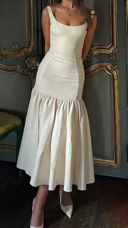 Ivory Square Neck Wide Strap Ruffle Hem Midi Formal Cocktail Dress