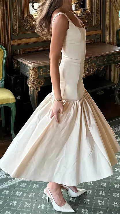 Ivory Square Neck Wide Strap Ruffle Hem Midi Formal Cocktail Dress