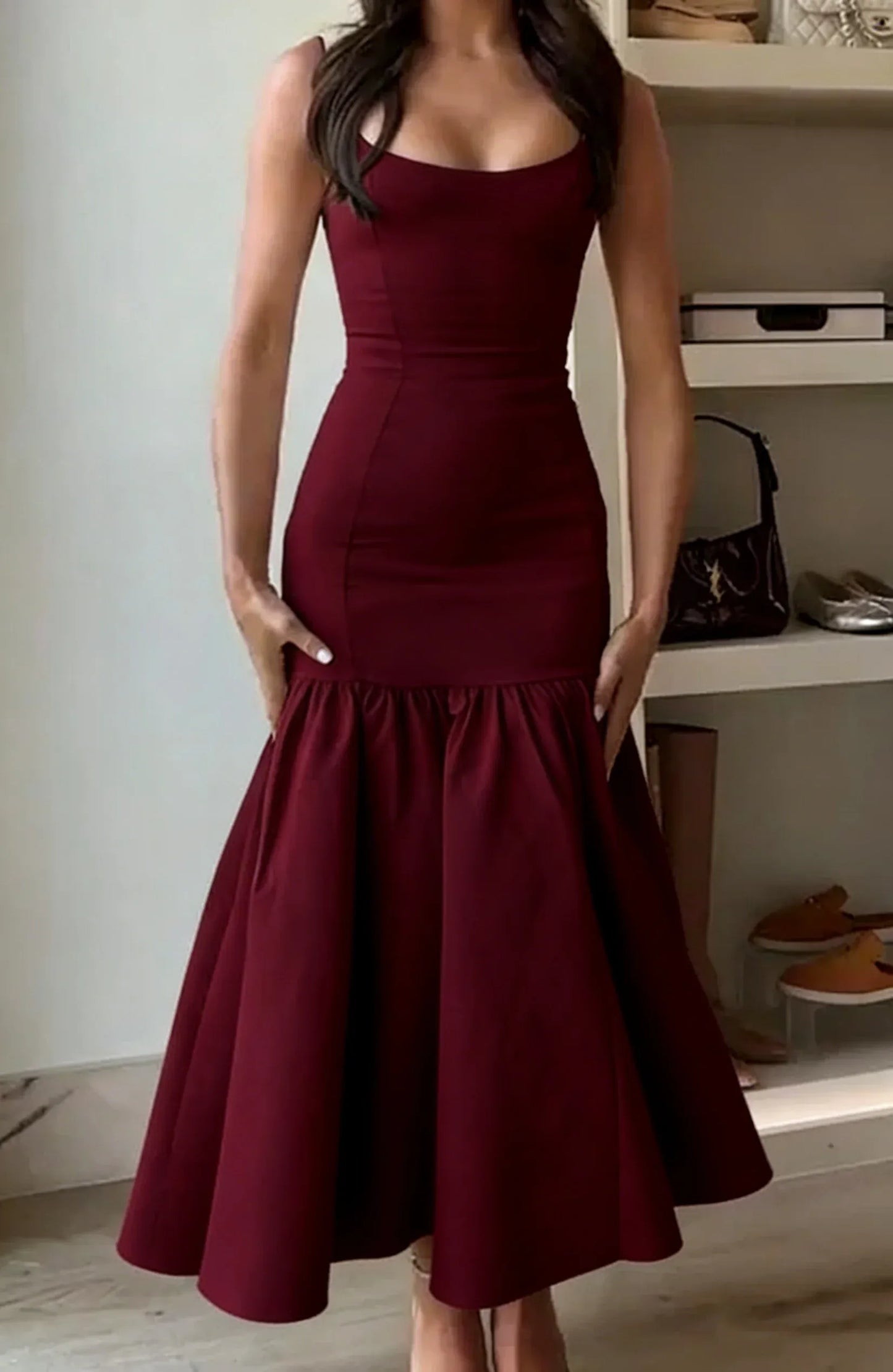 Ivory Square Neck Wide Strap Ruffle Hem Midi Formal Cocktail Dress