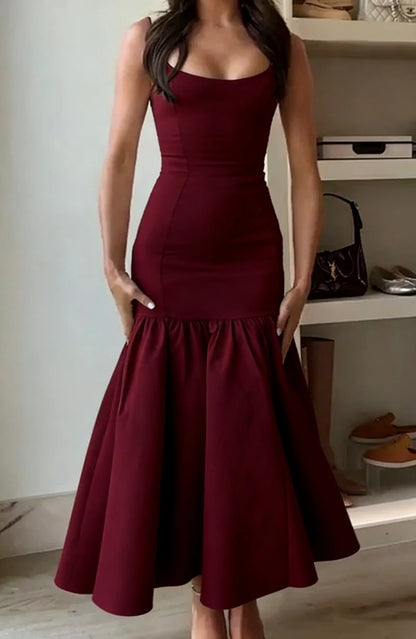 Ivory Square Neck Wide Strap Ruffle Hem Midi Formal Cocktail Dress