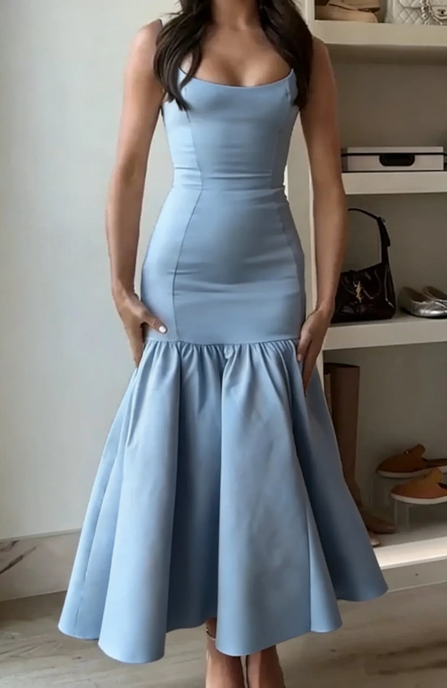 Ivory Square Neck Wide Strap Ruffle Hem Midi Formal Cocktail Dress