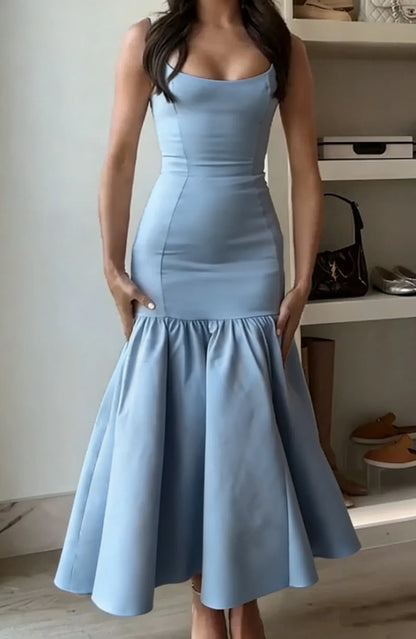Ivory Square Neck Wide Strap Ruffle Hem Midi Formal Cocktail Dress