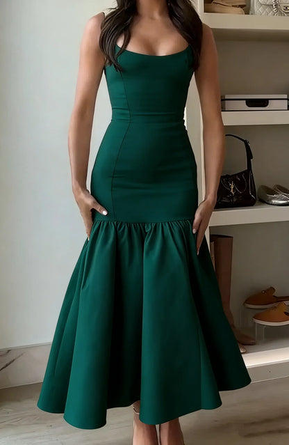 Ivory Square Neck Wide Strap Ruffle Hem Midi Formal Cocktail Dress