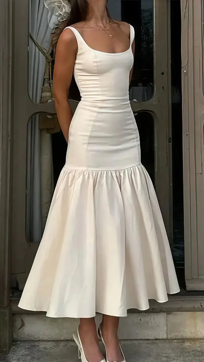 Ivory Square Neck Wide Strap Ruffle Hem Midi Formal Cocktail Dress