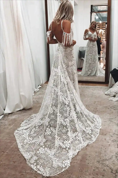 Ivory Bohemian Scoop Neckline Open Back Lace Wedding Dress