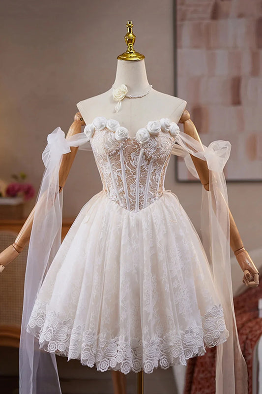 Ivory Lace Flower Pearl Birthday Short Party Dress Lovely A-Line Prom Dress