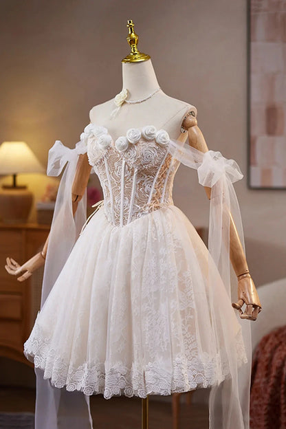 Ivory Lace Flower Pearl Birthday Short Party Dress Lovely A-Line Prom Dress