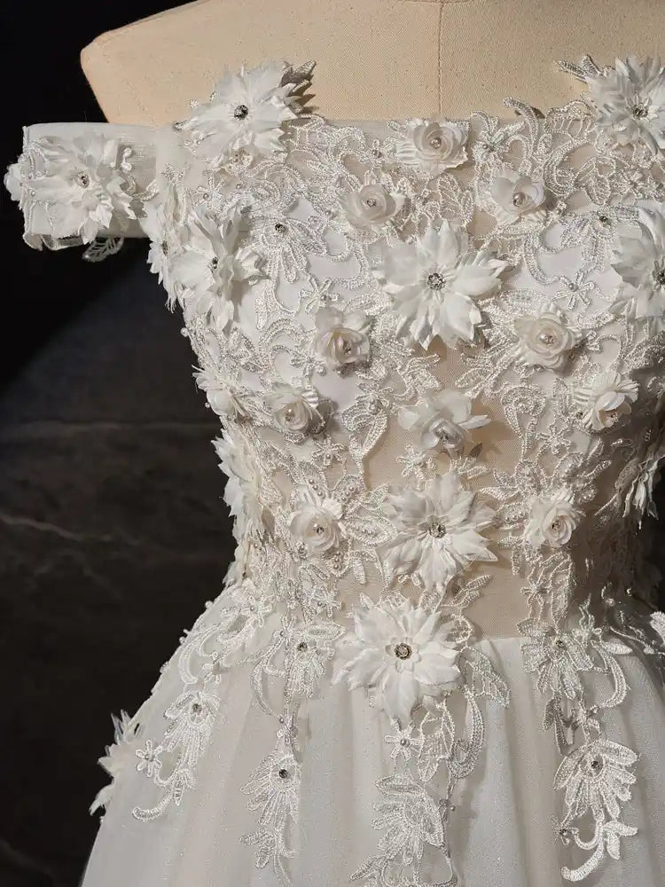Ivory Off-the-shoulder A Line Long Wedding Dress with Flower Appliques