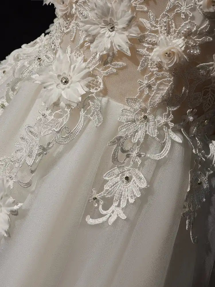 Ivory Off-the-shoulder A Line Long Wedding Dress with Flower Appliques