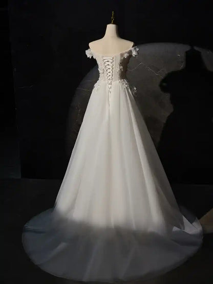 Ivory Off-the-shoulder A Line Long Wedding Dress with Flower Appliques
