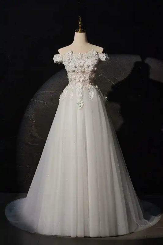 Ivory Off-the-shoulder A Line Long Wedding Dress with Flower Appliques