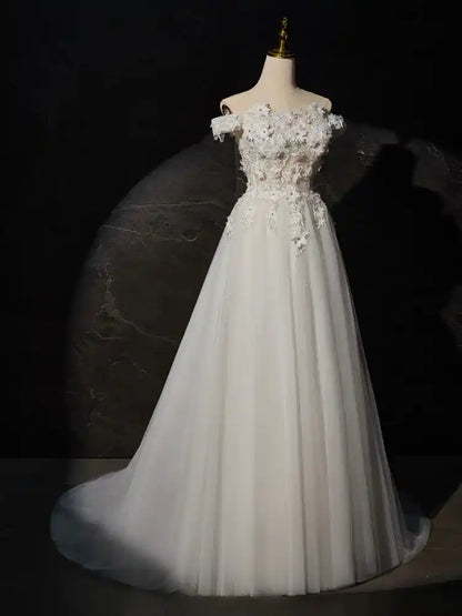 Ivory Off-the-shoulder A Line Long Wedding Dress with Flower Appliques