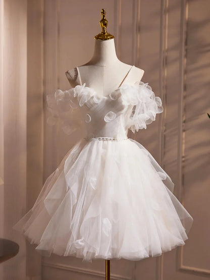 Ivory Spaghetti Strap Tulle Short Prom Dress Lovely A-Line Evening Party Dress