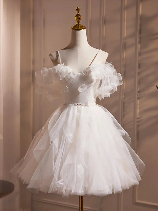 Ivory Spaghetti Strap Tulle Short Prom Dress Lovely A-Line Evening Party Dress