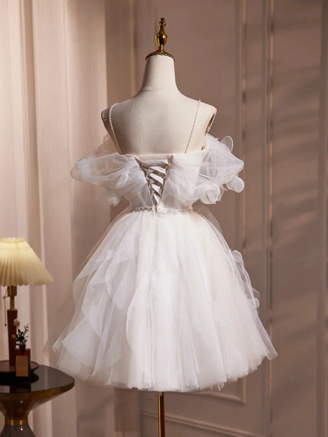 Ivory Spaghetti Strap Tulle Short Prom Dress Lovely A-Line Evening Party Dress