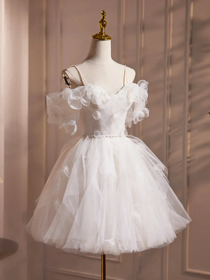 Ivory Spaghetti Strap Tulle Short Prom Dress Lovely A-Line Evening Party Dress