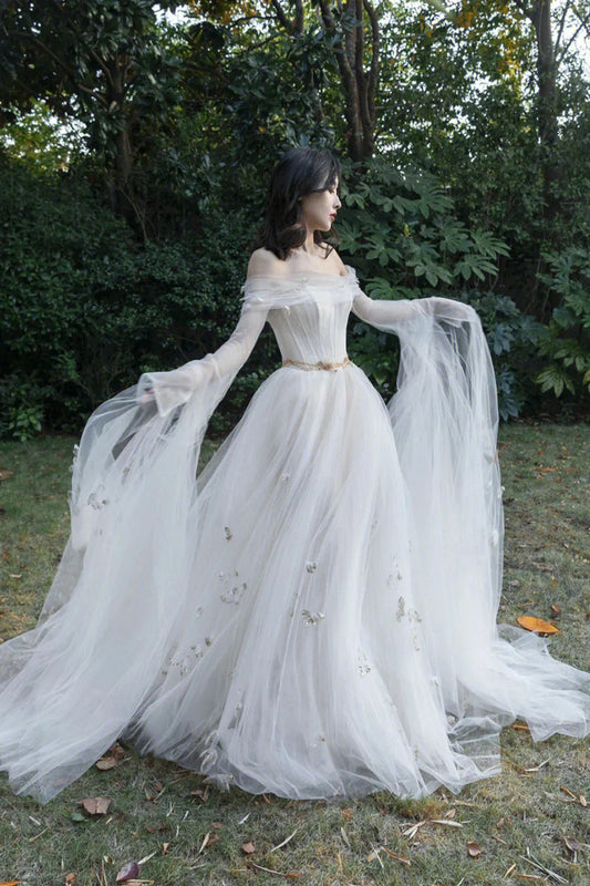 Ivory Tulle Long Sleeve Prom Dress A-Line Evening Dress with Butterfly