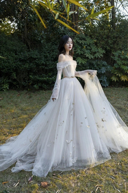 Ivory Tulle Long Sleeve Prom Dress A-Line Evening Dress with Butterfly