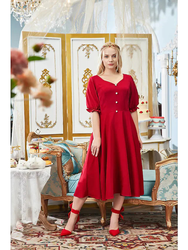 A-Line Plus Size Elegant Engagement Prom Dress V Neck Half Sleeve Tea Length Stretch Fabric with Buttons Pleats