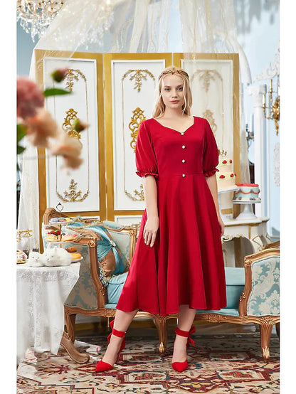 A-Line Plus Size Elegant Engagement Prom Dress V Neck Half Sleeve Tea Length Stretch Fabric with Buttons Pleats