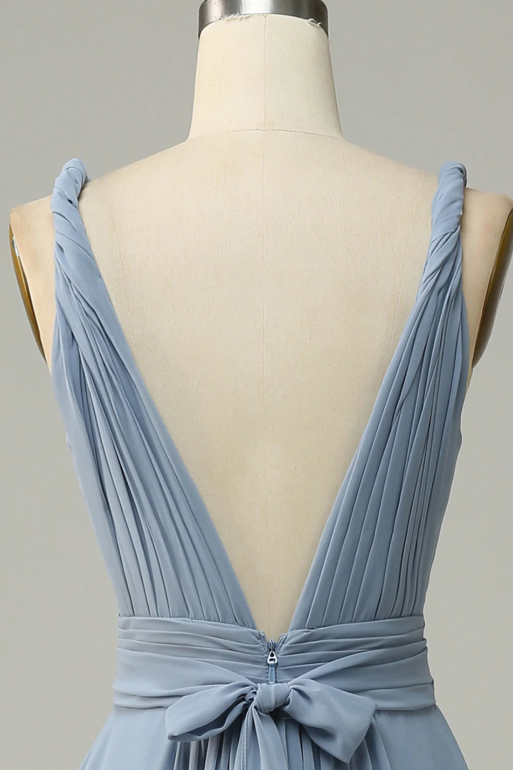Dusty Blue V Neck A Line Long Bridesmaid Dress