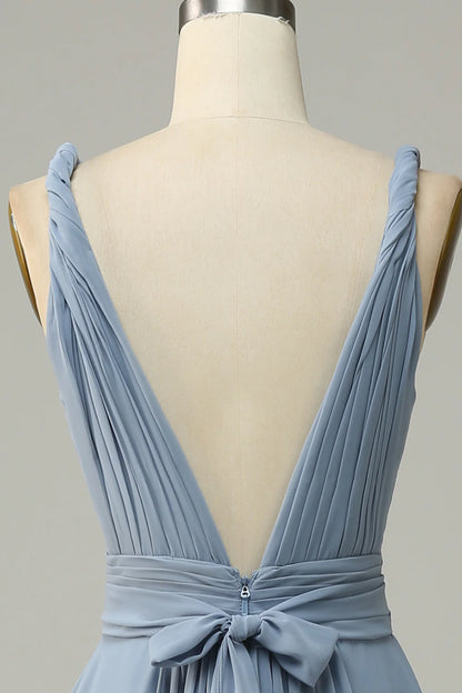 Dusty Blue V Neck A Line Long Bridesmaid Dress