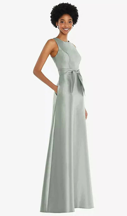 Jewel-Neck V-Back Maxi Dress with Mini Sash in Willow Green