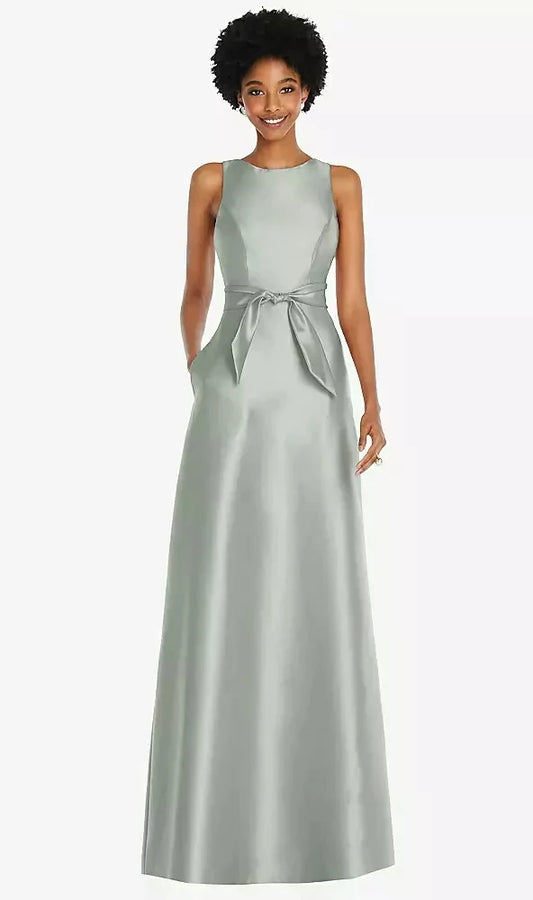 Jewel-Neck V-Back Maxi Dress with Mini Sash in Willow Green